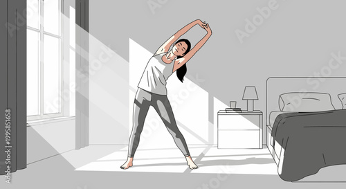 Woman stretching in bedroom with morning sunlight streaming through window