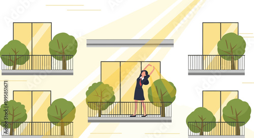 Woman stretching on balcony with trees and sunbeams, urban lifestyle