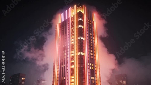 Tall building with neon lights at night