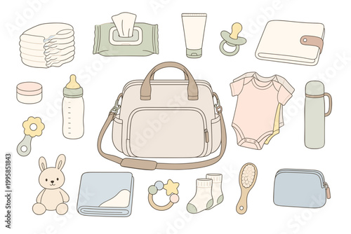 Baby diaper bag with essential items including clothing and toys  