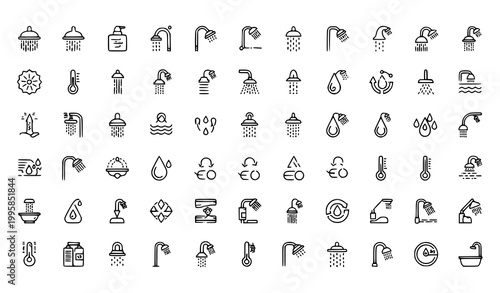 Modern minimal shower line icons bundle of eighty editable stroke bathroom and hygiene symbols isolated on white background