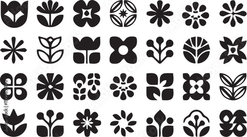 Set of Minimalist Floral Icons and Abstract Botanical Geometric Symbols in Mid-Century Modern Style