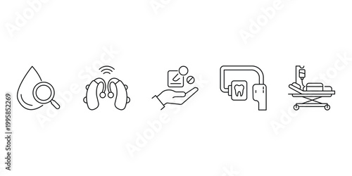 Medical icon set including blood test hearing aid prescription hand dental x-ray and hospital gurney bed vector illustration for healthcare.