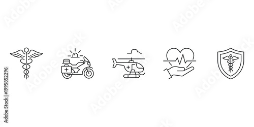 Medical icon set with caduceus symbol emergency motorcycle ambulance helicopter rescue heart pulse and medical shield vector illustration for healthcare.