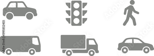 Grey silhouette transportation icons set including cars truck and pedestrian for infographic and website use