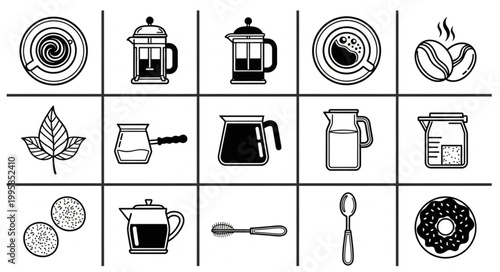 Collection of coffee and tea related icons and illustrations.