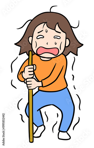 ボロボロになり杖をついてフラフラと必死に歩く満身創痍な若い女性のイラスト