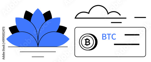 Blockchain innovation, digital assets, cryptocurrency security, payments, eco-finance, financial balance. A blue lotus beside Bitcoin wallet elements. Blockchain innovation and digital assets
