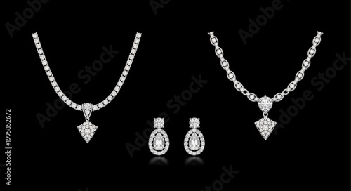 Elegant diamond necklace and earring set on black background.