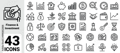 Finance and Investment Line Icon Set featuring Business Growth, Savings, Banking, Cryptocurrency, Global Economy, Wealth Management, Financial Analysis, and Strategic Planning.