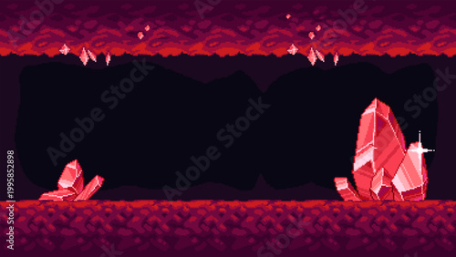 Retro 8 bit pixel cave landscape with platforms and large crystals. Seamless horizontal level scene used for underground platform game environments. Vector illustration.