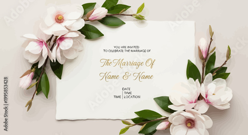 Elegant Wedding Invitation with White Magnolia Flowers and Text Space
