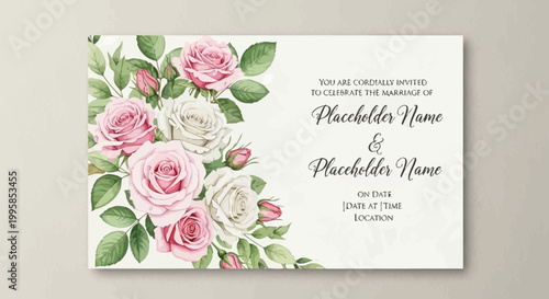 Elegant Wedding Invitation with Pink and White Roses
