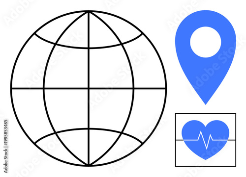 Global access, geolocation, health monitoring, technology, navigation, digital systems. Globe with gridlines, map marker and heart with ECG line. Global access and geolocation in a healthcare
