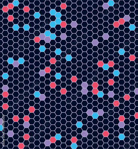 Geometric Abstract Background: Conceptual Hexagonal Network Connection Simulating Data Flow in a Futuristic Digital World, Science and Technology Visualization, Colorful Graphic Pattern for Presentati