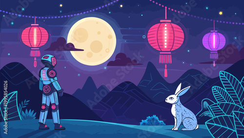 Futuristic midautumn festival illustration with astronaut and white rabbit gazing at a large full moon, chinese lanterns, and stylized mountains