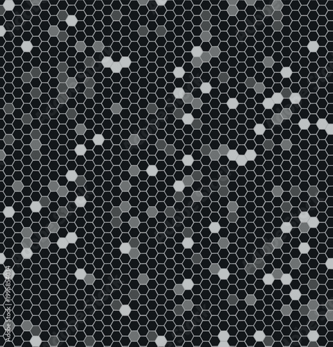 Abstract Geometric Hexagon Pattern Overlay Creating Mosaic Texture On Dark Backdrop, Modern Tech Environment, Backdrop Illustration With Polygonal Structure, Seamless Web Design, Gray Network Element
