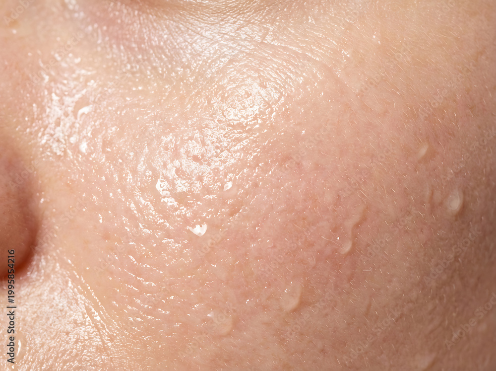 Fototapeta premium Close-up of human cheek with water droplets, detailed skin texture photo.