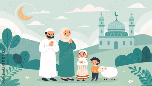 Happy muslim family with a sheep celebrating eid aladha in front of a mosque, flat vector illustration