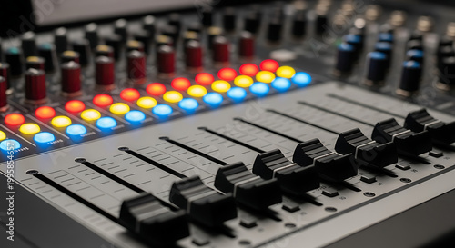 Professional audio mixer console with illuminated controls for sound engineering and music production