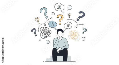 A thoughtful person sits on steps surrounded by question marks and lightbulbs, representing contemplation and problem-solving