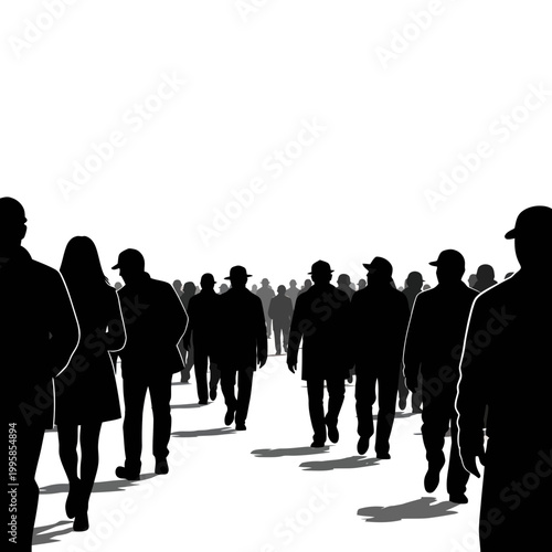 Silhouettes of a diverse crowd walking on white background