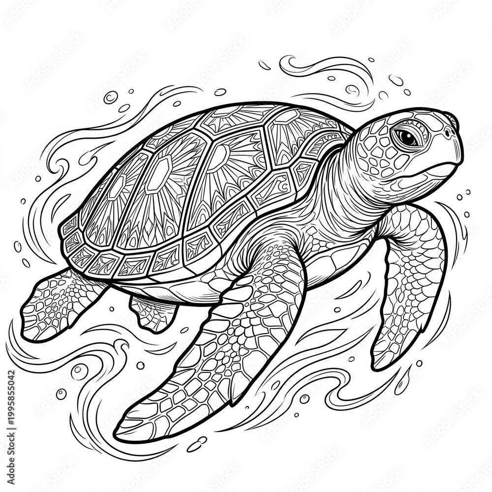 Fototapeta premium Hand drawn technical line art of a majestic swimming sea turtle companion isolated.