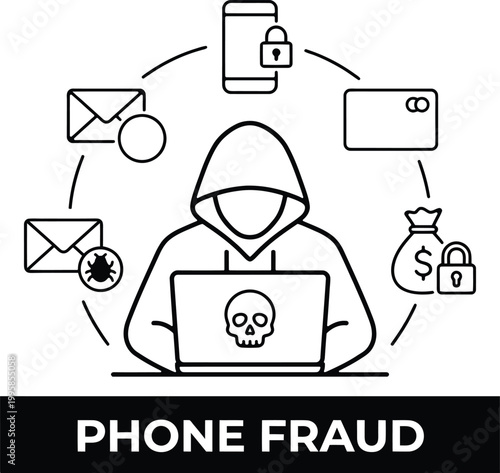 Hacker committing phone fraud with laptop and mobile devices
