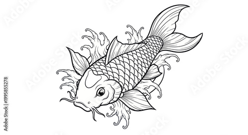 Koi Fish Outline Drawing with Waves - Tattoo Design Style