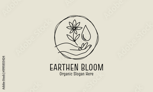 Hand cradling a blooming flower and water drop represents a minimalist organic brand identity symbol.