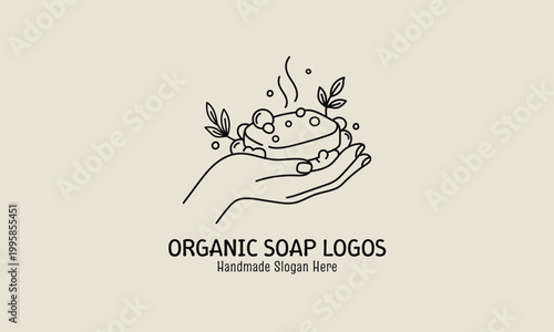 Soap bar held in a human hand features rising steam bubbles and botanical accents to represent handmade organic bath products.