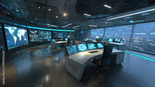Modern control room interior with multiple screens and city view