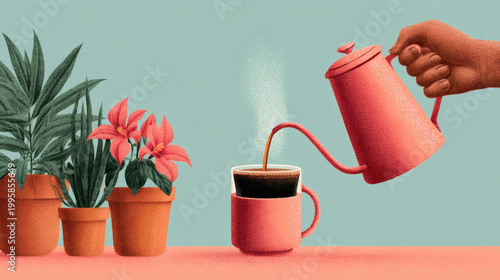 Beautiful stipple art illustration tabletop scene green potted plants blooming red flowers dark skinned hand pouring fresh coffee from gooseneck kettle into glass mug copy space background template id