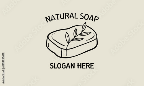 Soap bar icon features a decorative botanical leaf element in a minimalist line art style suitable for natural skincare branding.