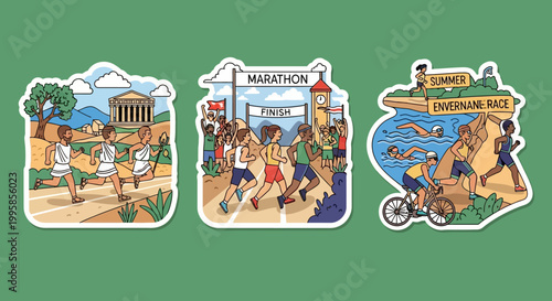 Three Colorful Stickers Depicting Marathon, Running, and Endurance Race Scenes.