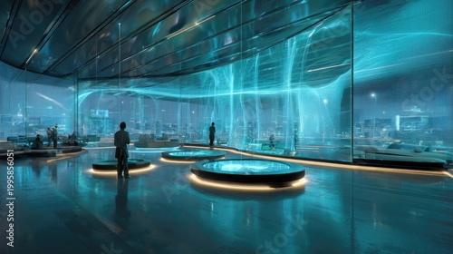 Modern futuristic interior with people observing glowing displays