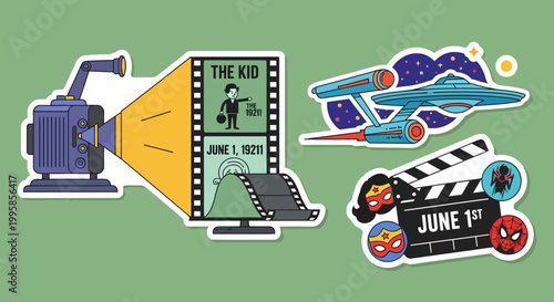 Vintage Film Projector and Movie Reel with Film and Space Ship Stickers.