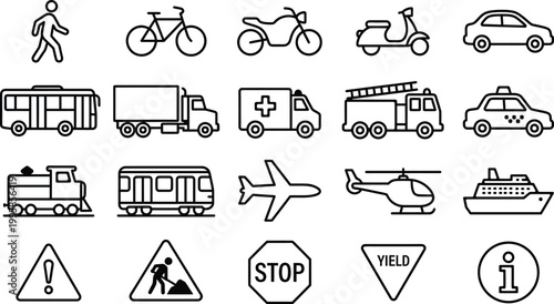 Transportation icon set featuring vehicles and road signs for web and presentation design
