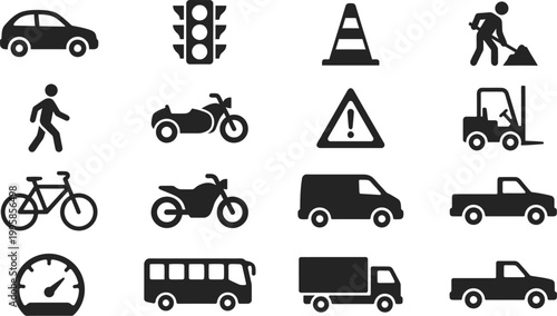 Black silhouette transportation icons set for infographics and road safety signage design