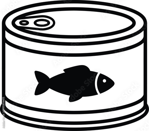 Black and white illustration of a canned fish with a fish silhouette for food packaging design