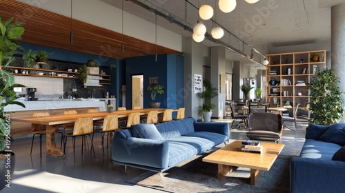 Modern interior design comfortable lounge area with wooden table and sofas