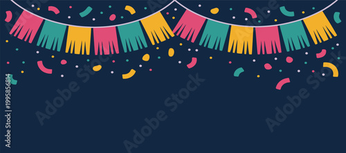 Festive party bunting with colorful flags and confetti on dark blue background