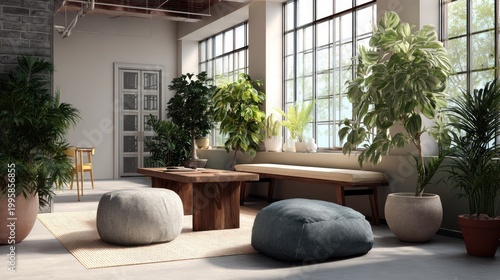 Modern interior with plants and natural light in a bright living room space