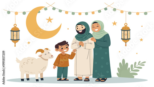 Happy muslim family celebrating eid aladha with a goat, father, mother and son standing together with traditional lanterns and crescent moon background