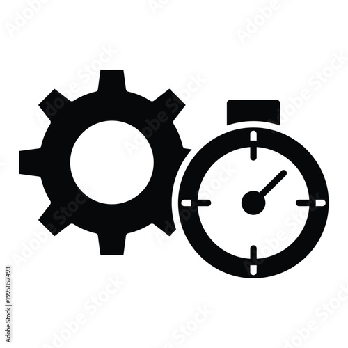 Black and White Gear and Stopwatch Icons Representing Time Management Concepts