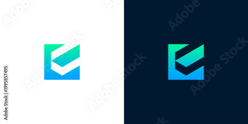 Modern abstract letter E logo design with gradient color transition on white and dark backgrounds