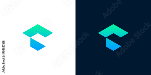 Abstract geometric logo design with a gradient of green and blue hues on white and dark backgrounds, suitable for technology and corporate branding