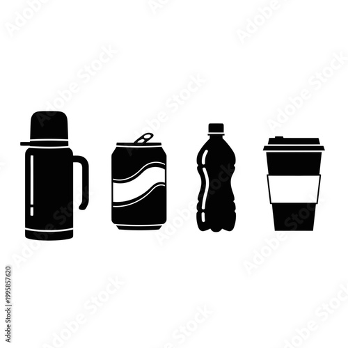 Vector Icons of Drinks Containers: Thermos, Soda Can, Water Bottle, Coffee Cup