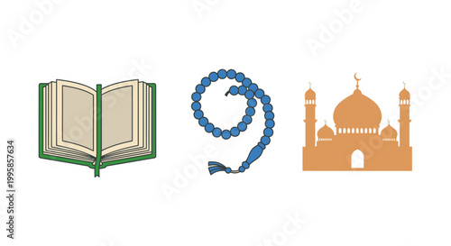 Islamic prayer items including a Quran on a stand a prayer mat and prayer beads are displayed