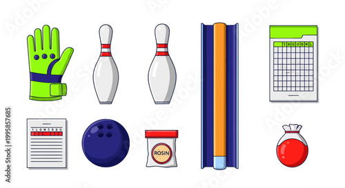 Bowling Equipment and Game Elements Collection - Flat Design Icons